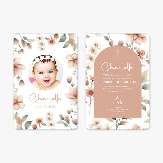 Invitation baptême illustration aquarelle fleurs sauvages rose