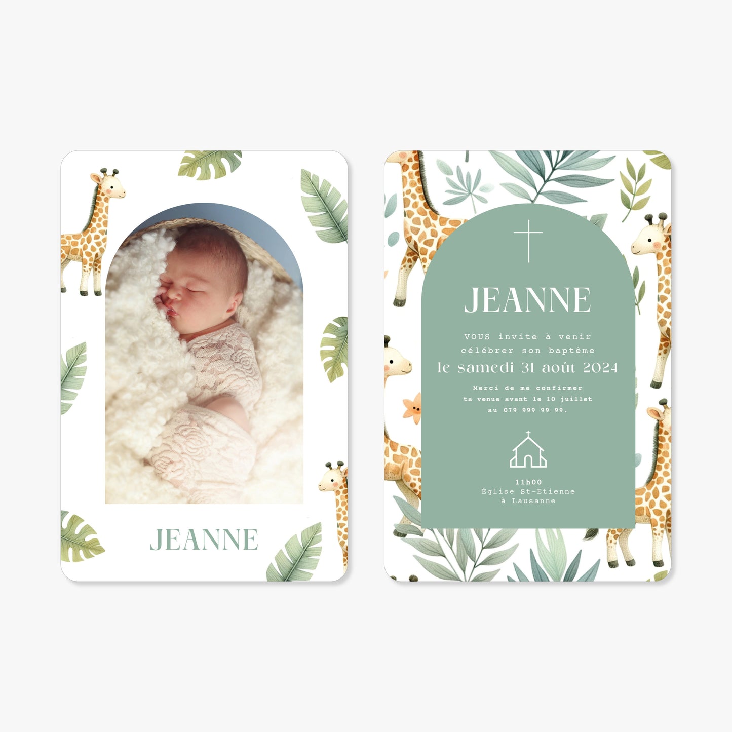 Invitation baptême illustration aquarelle safari girafe