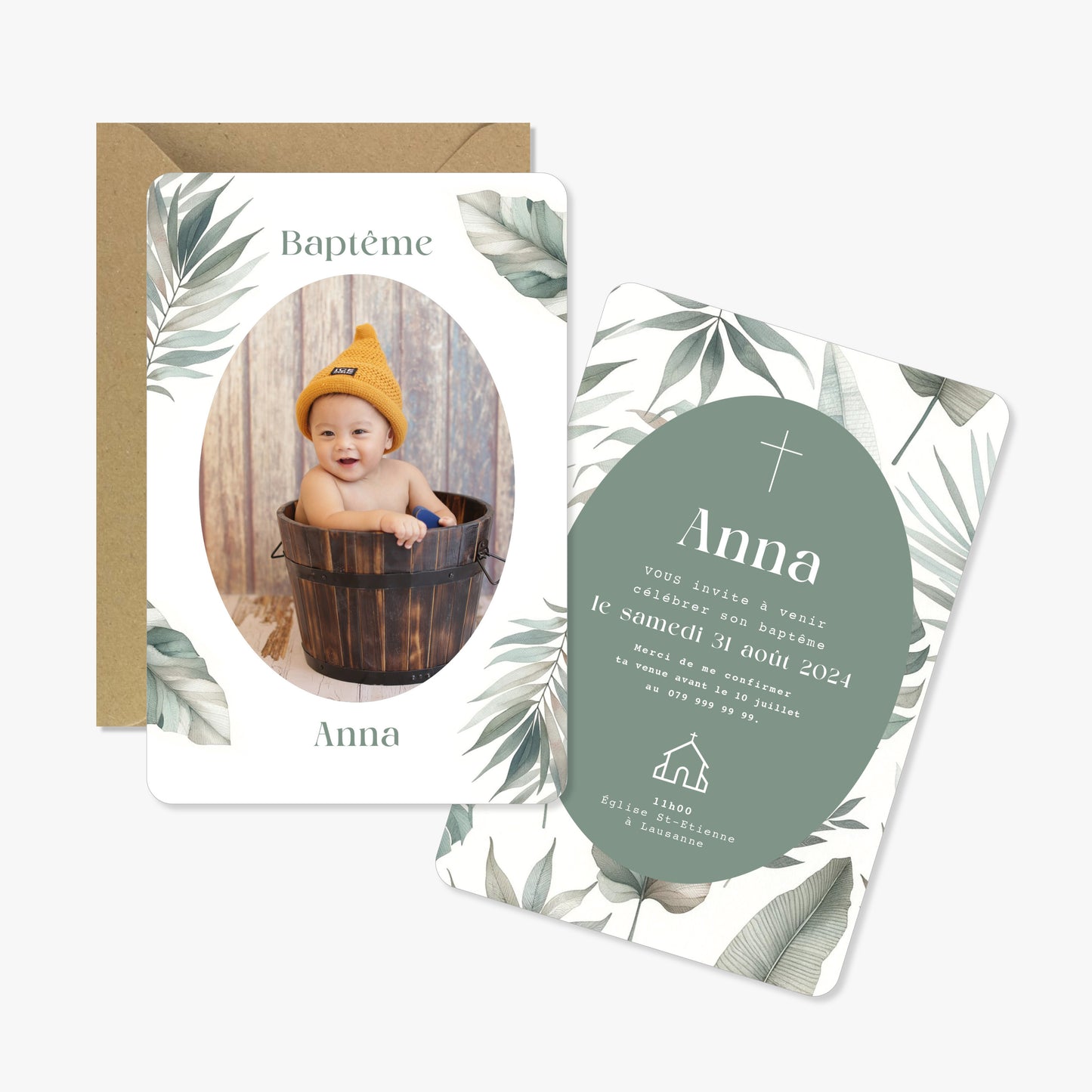 Invitation baptême illustration aquarelle feuilles tropical