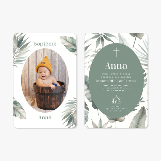 Invitation baptême illustration aquarelle feuilles tropical