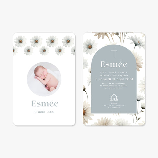 Invitation baptême illustration aquarelle fleur marguerite