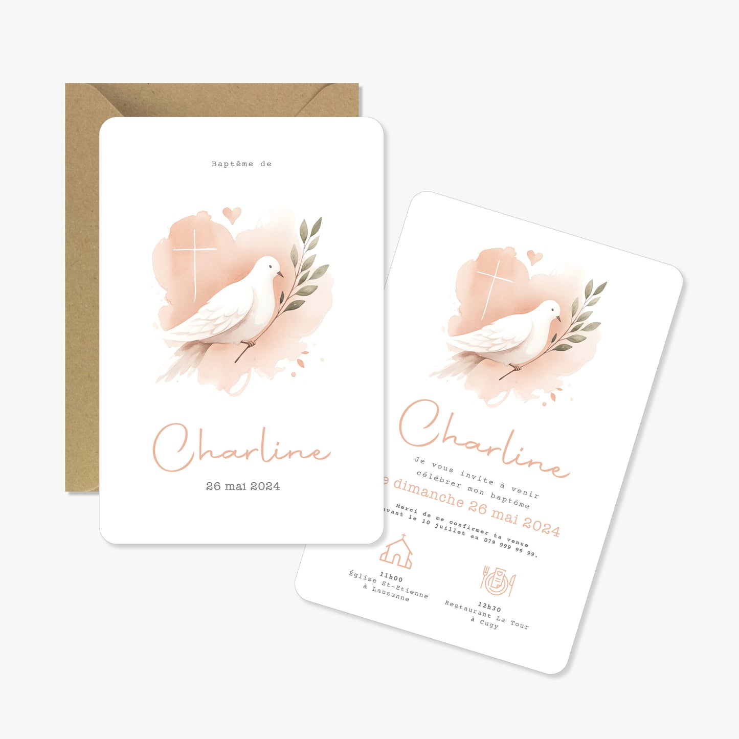Invitation baptême illustration aquarelle colombe rose