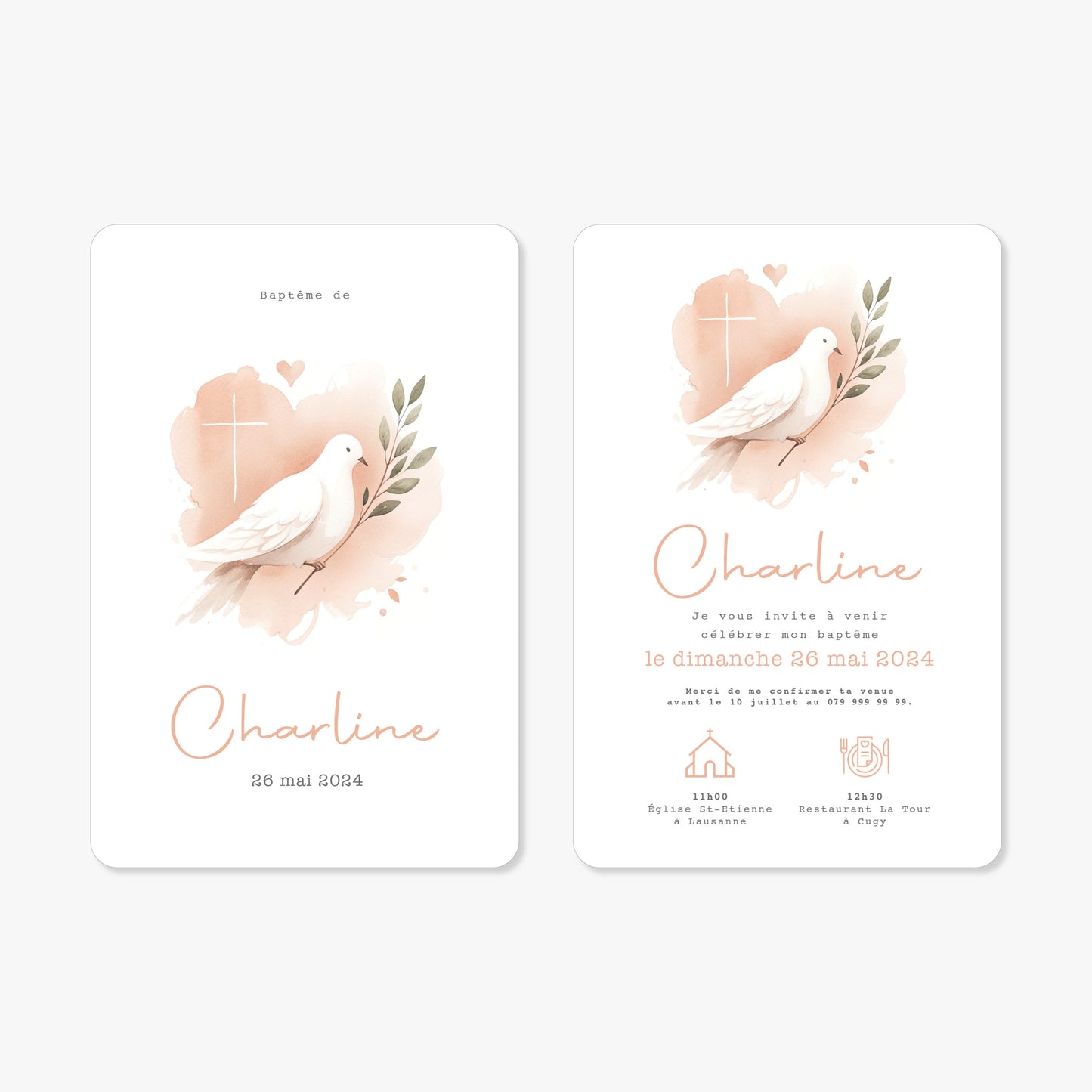 Invitation baptême illustration aquarelle colombe rose
