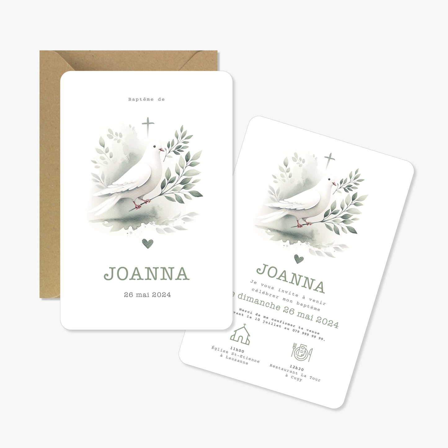 Invitation baptême illustration aquarelle colombe vert