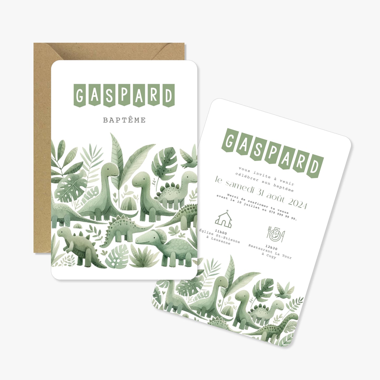 Invitation baptême illustration aquarelle dinosaure