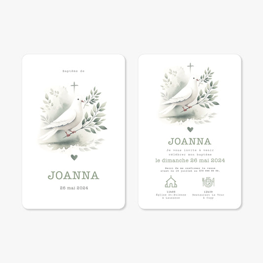 Invitation baptême illustration aquarelle colombe vert