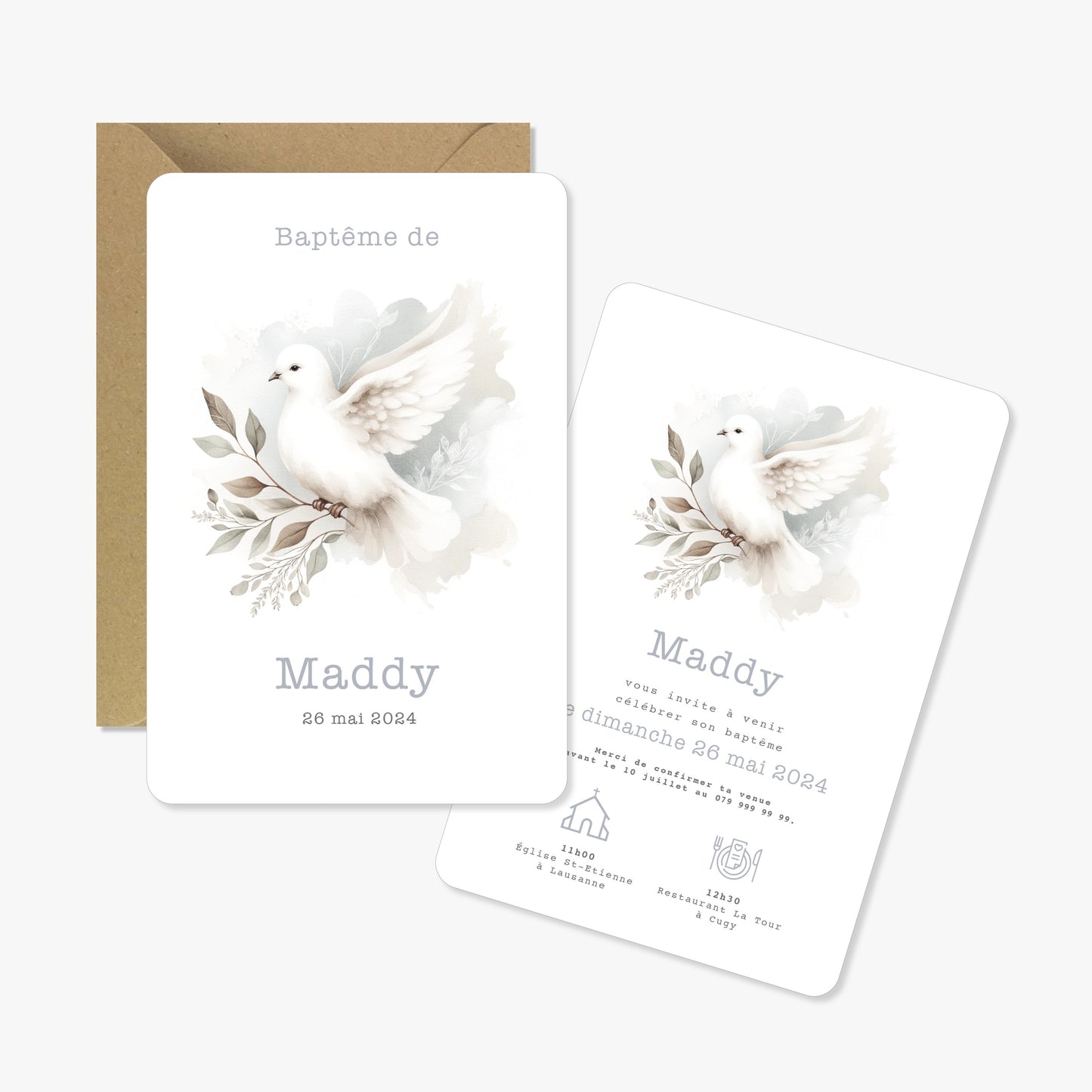 Invitation baptême illustration aquarelle colombe bleu