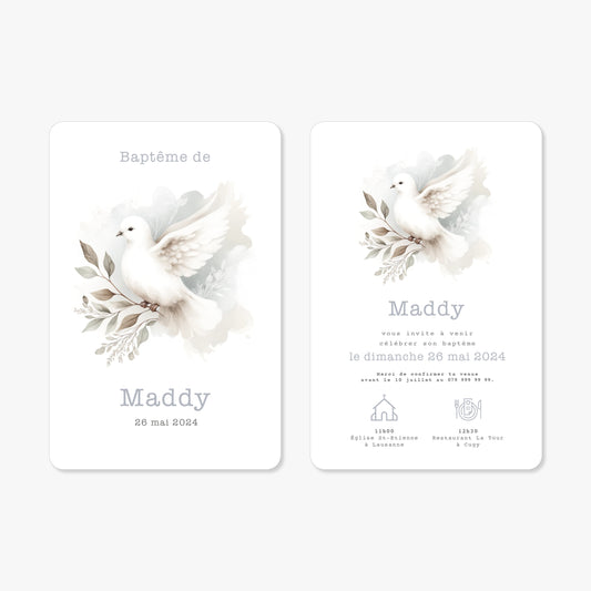 Invitation baptême illustration aquarelle colombe bleu