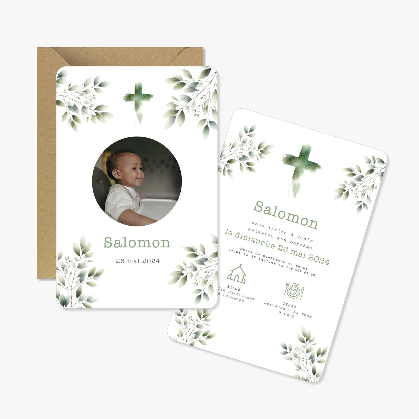 Invitation baptême illustration aquarelle croix verte