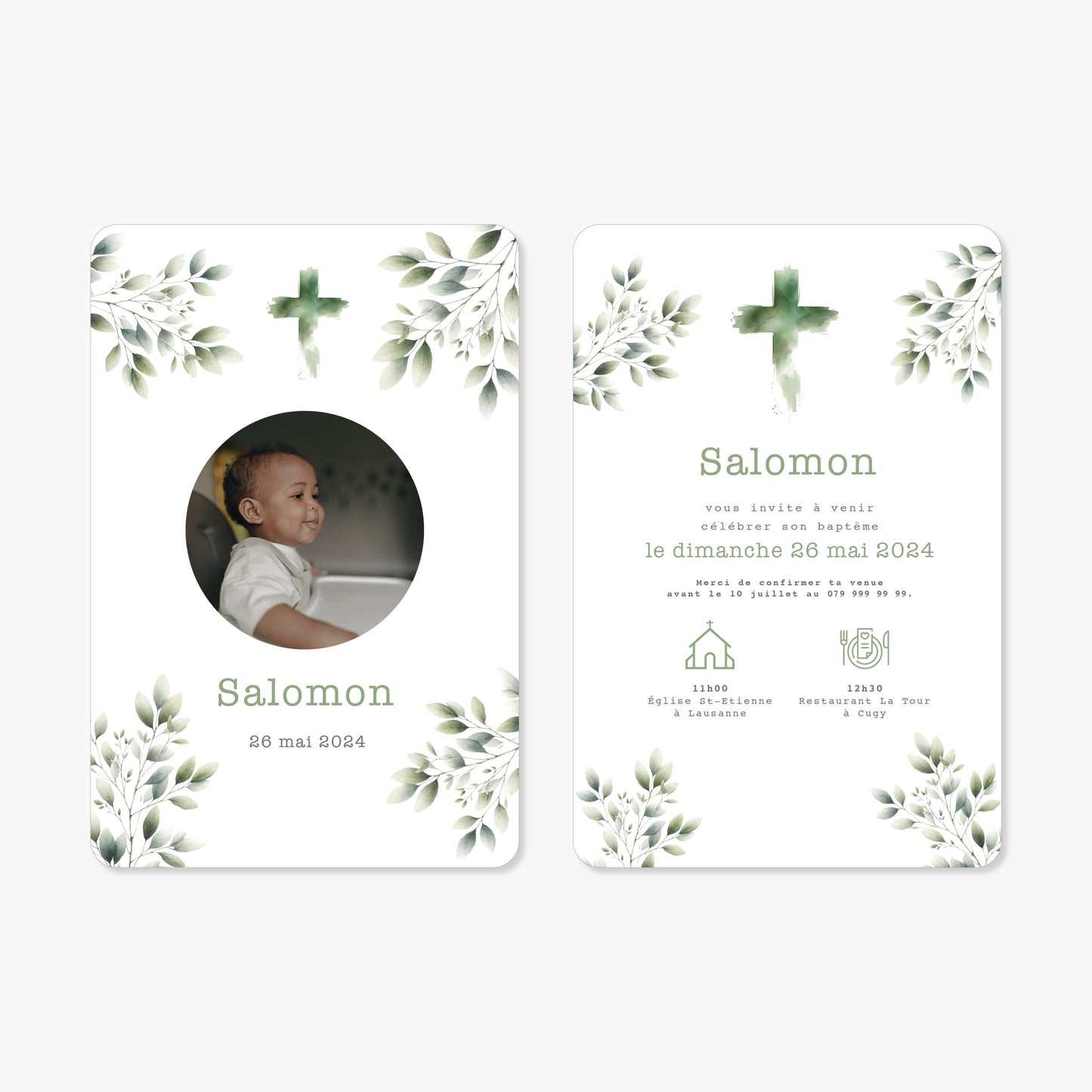 Invitation baptême illustration aquarelle croix verte