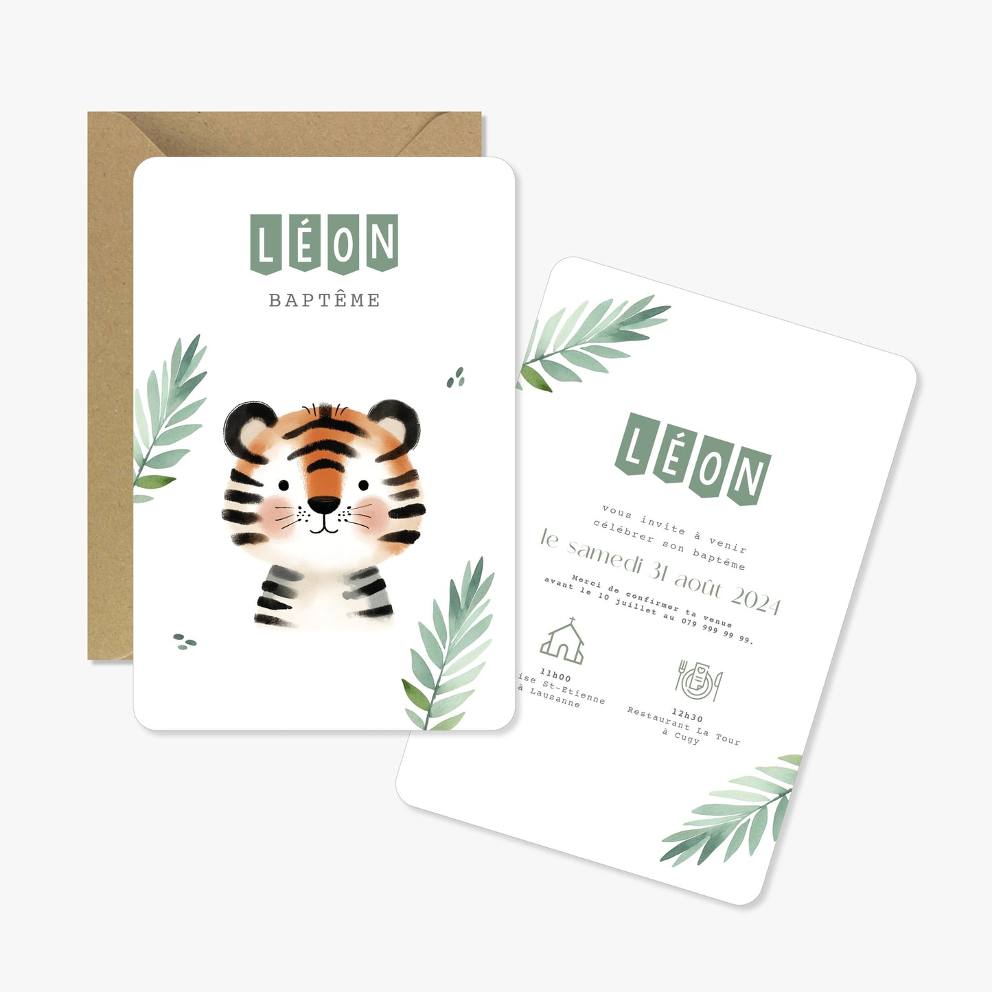 Invitation baptême illustration aquarelle tigre