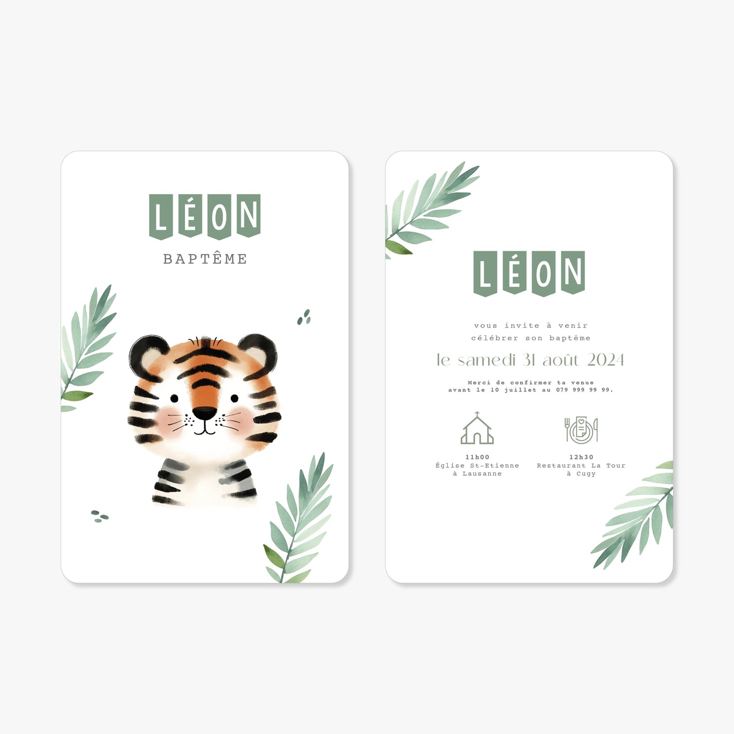 Invitation baptême illustration aquarelle tigre