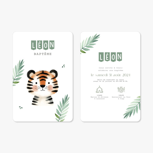 Invitation baptême illustration aquarelle tigre
