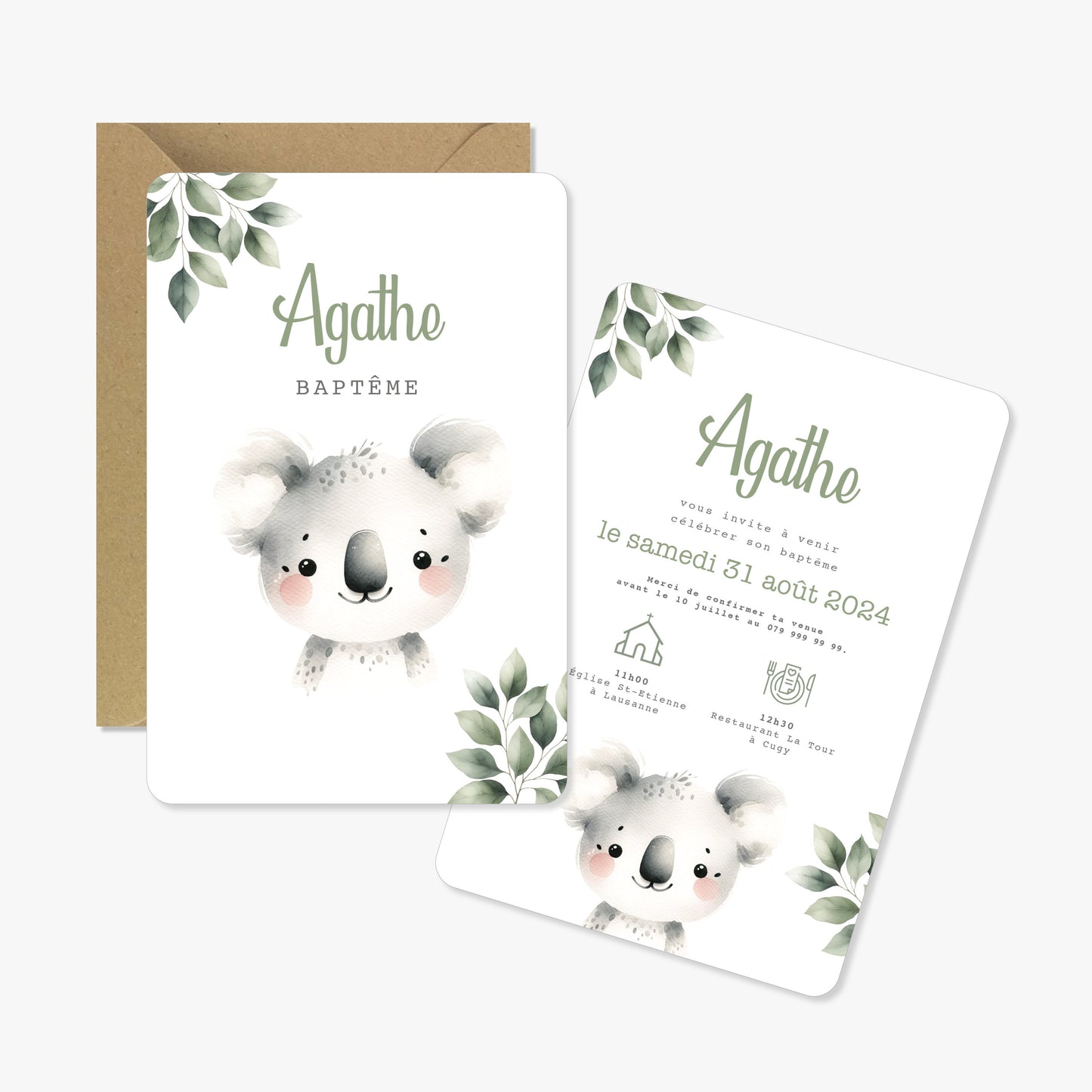 Invitation baptême illustration aquarelle koala