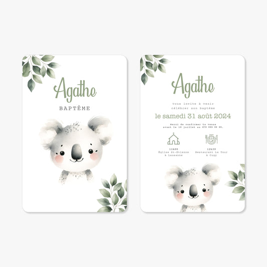 Invitation baptême illustration aquarelle koala