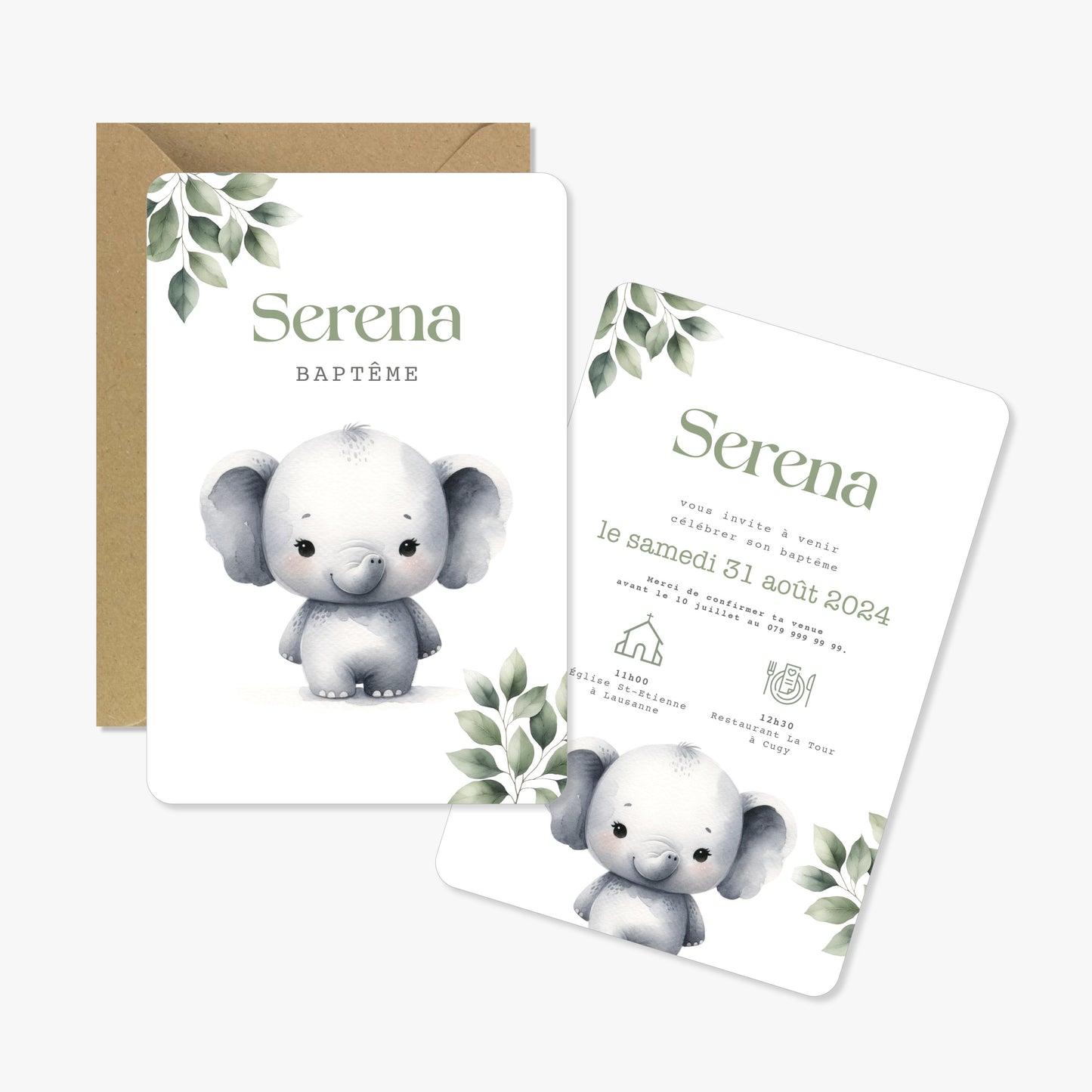 Invitation baptême illustration aquarelle éléphant