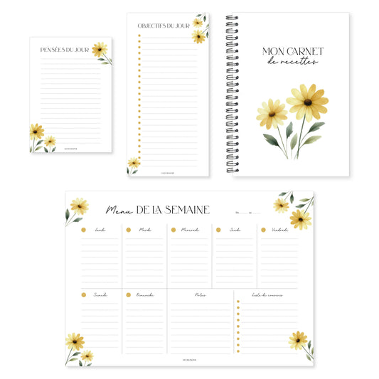 Box organisation bloc-notes, menu de la semaine - fleurs jaunes.