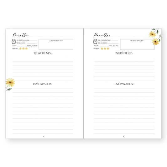 Carnet de 40 recettes vierge - fleurs jaunes.