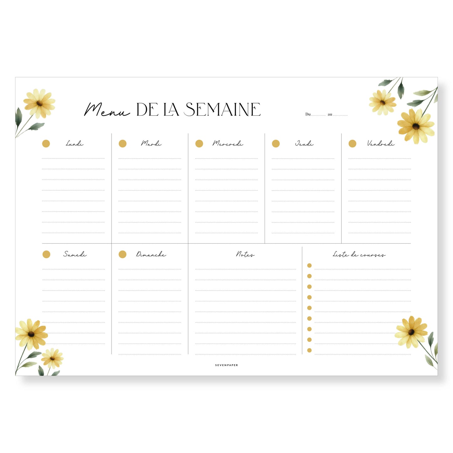 Box organisation bloc-notes, menu de la semaine - fleurs jaunes.