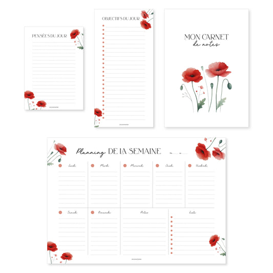 Box organisation bloc-notes, planning de la semaine - coquelicots.