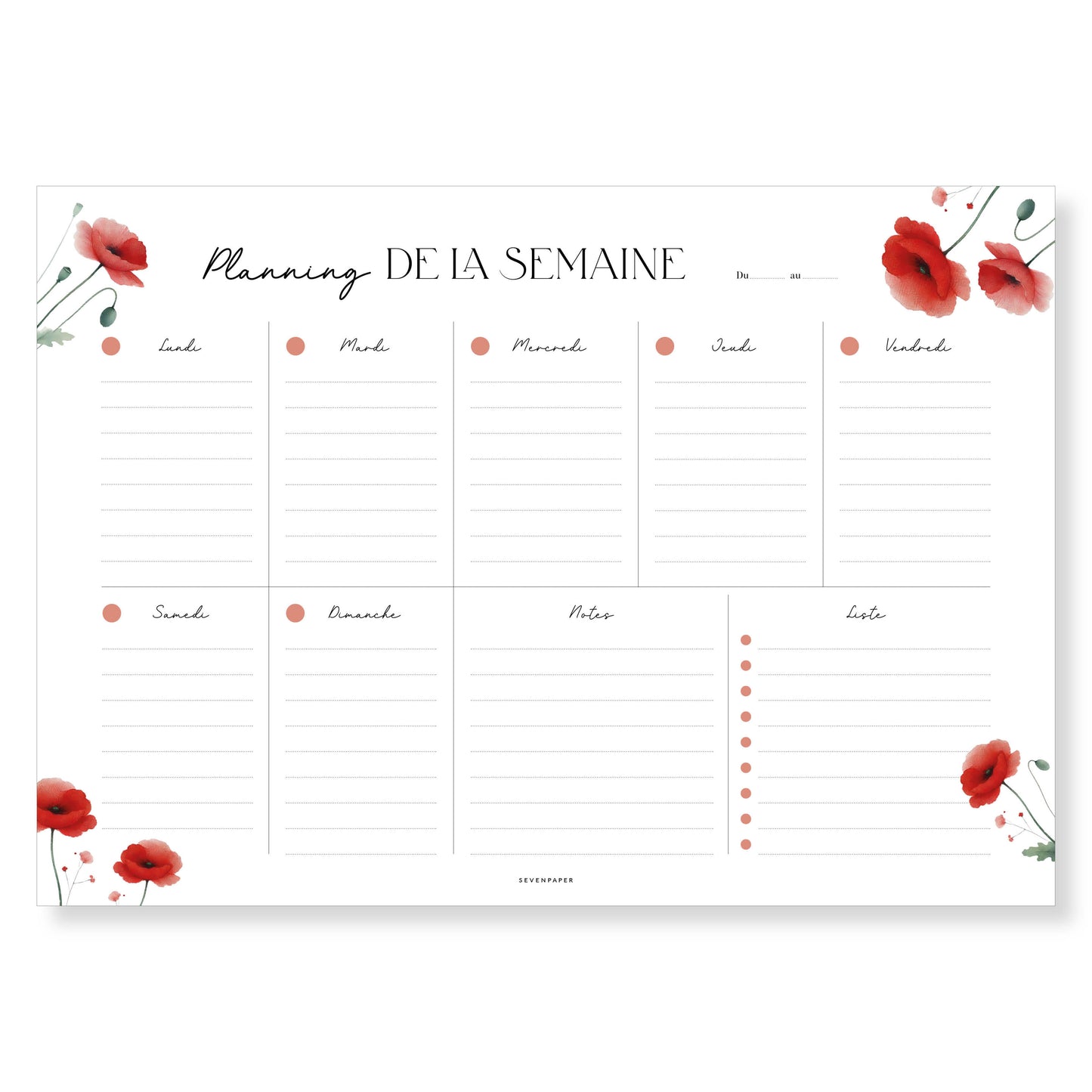Bloc-notes semainier A4, planning de la semaine - coquelicots.