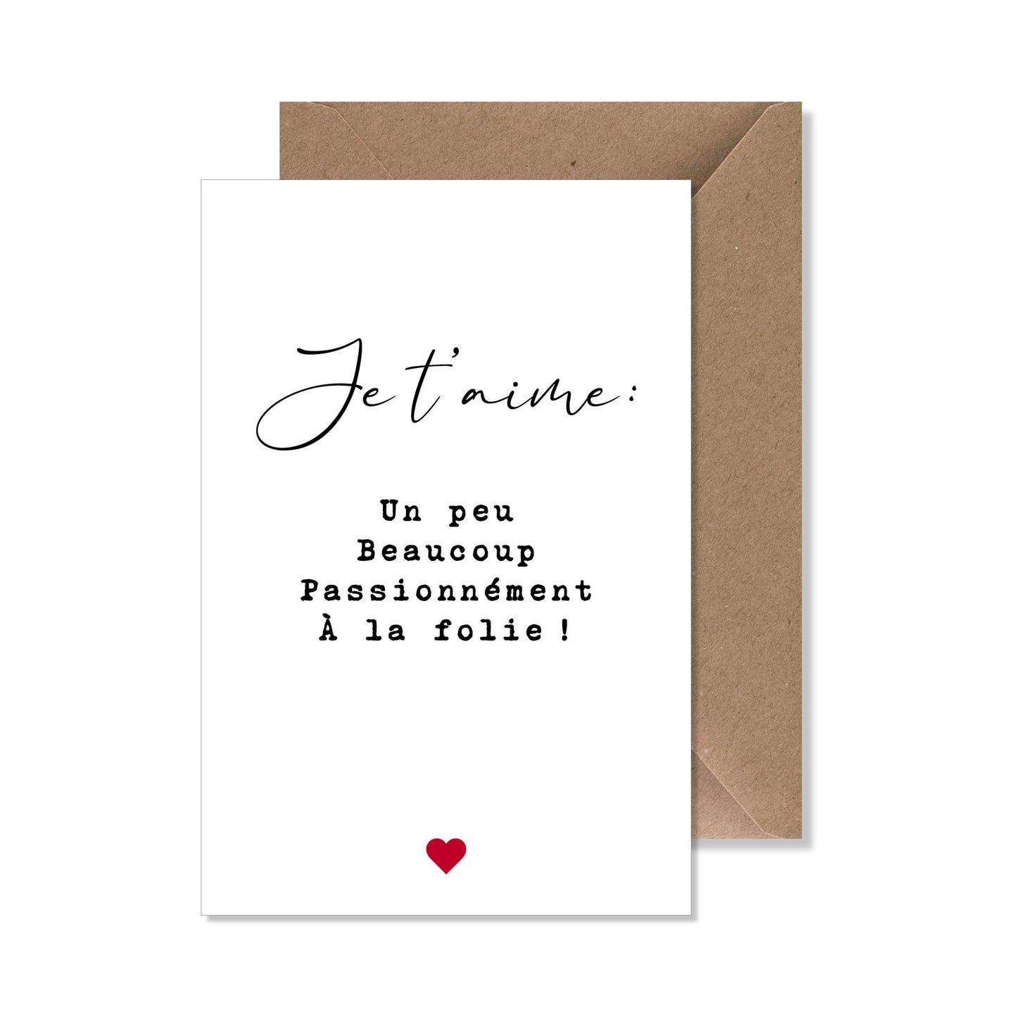 Carte de vœux A6 "je t'aime" noir blanc cœur rouge