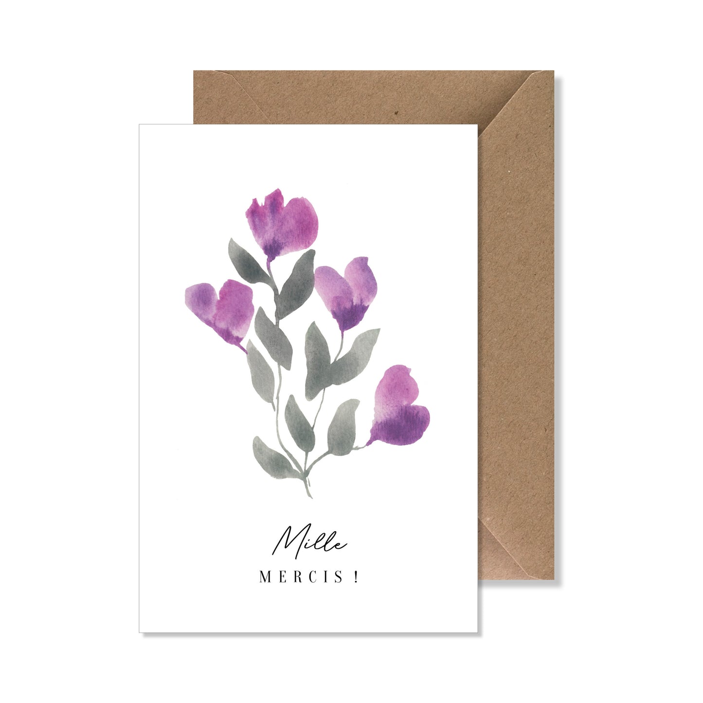 Carte de vœux A6 "mille mercis" aquarelle lilas fleurs