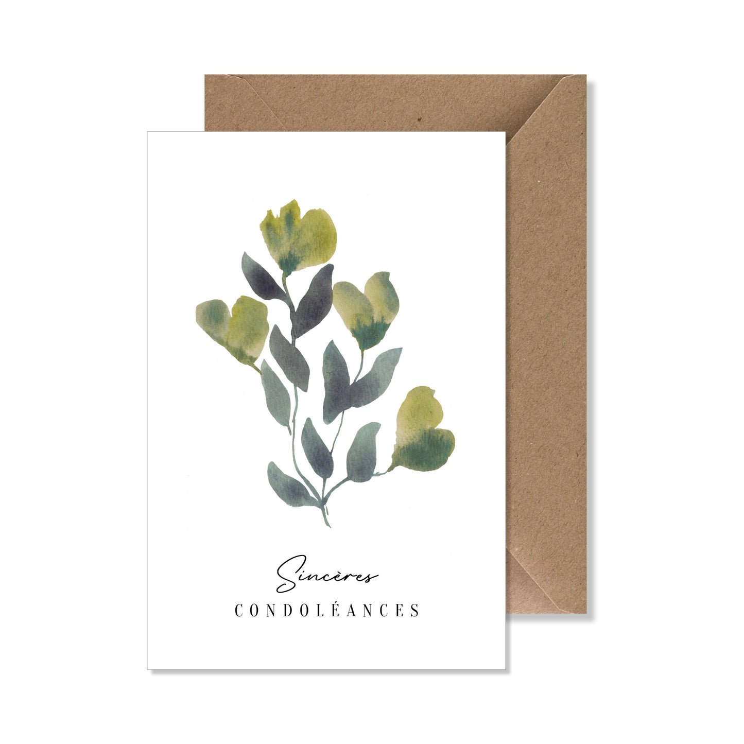 Carte de vœux A6 "sincères condoléances" aquarelle plante verte