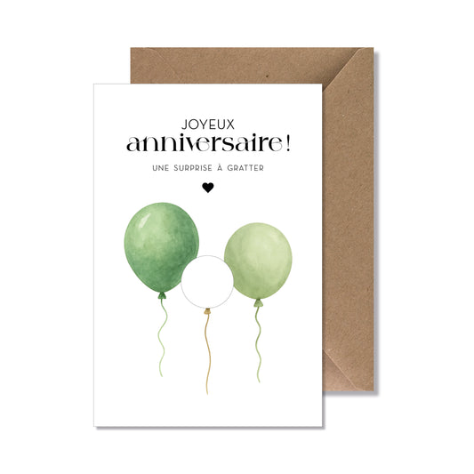 Kit carte à gratter "joyeux anniversaire" ballons vert
