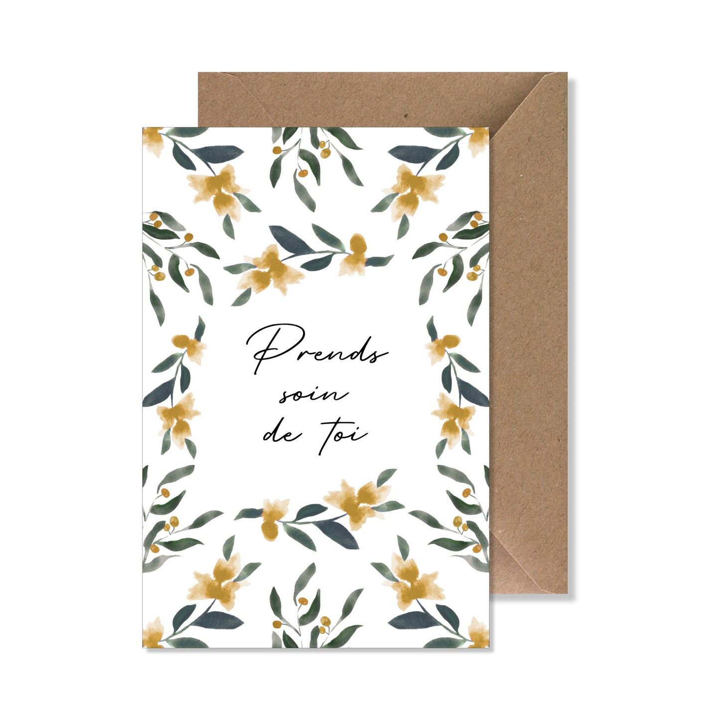 Carte de vœux A6 "prends soin de toi" aquarelle jaune vert