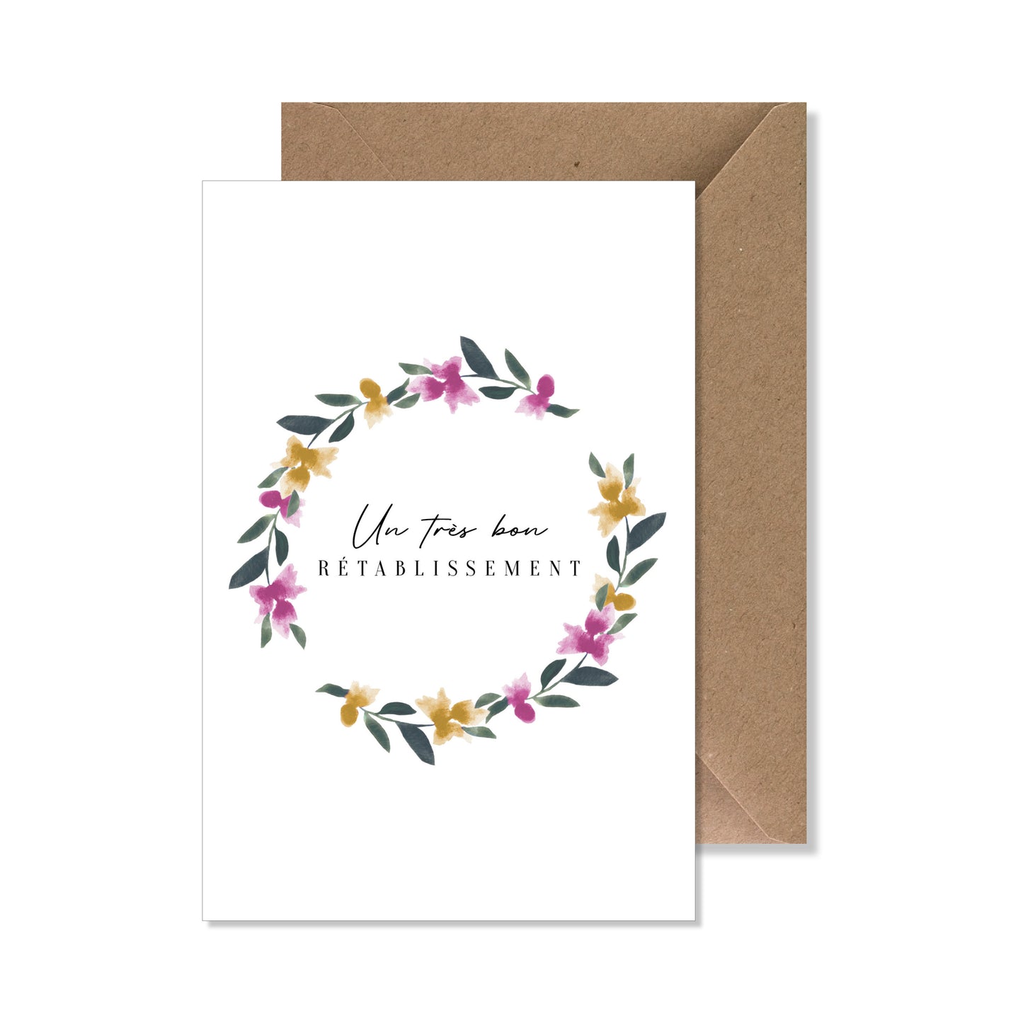 Carte de vœux A6 "un très bon rétablissement" couronne fleurs jaune rose aquarelle