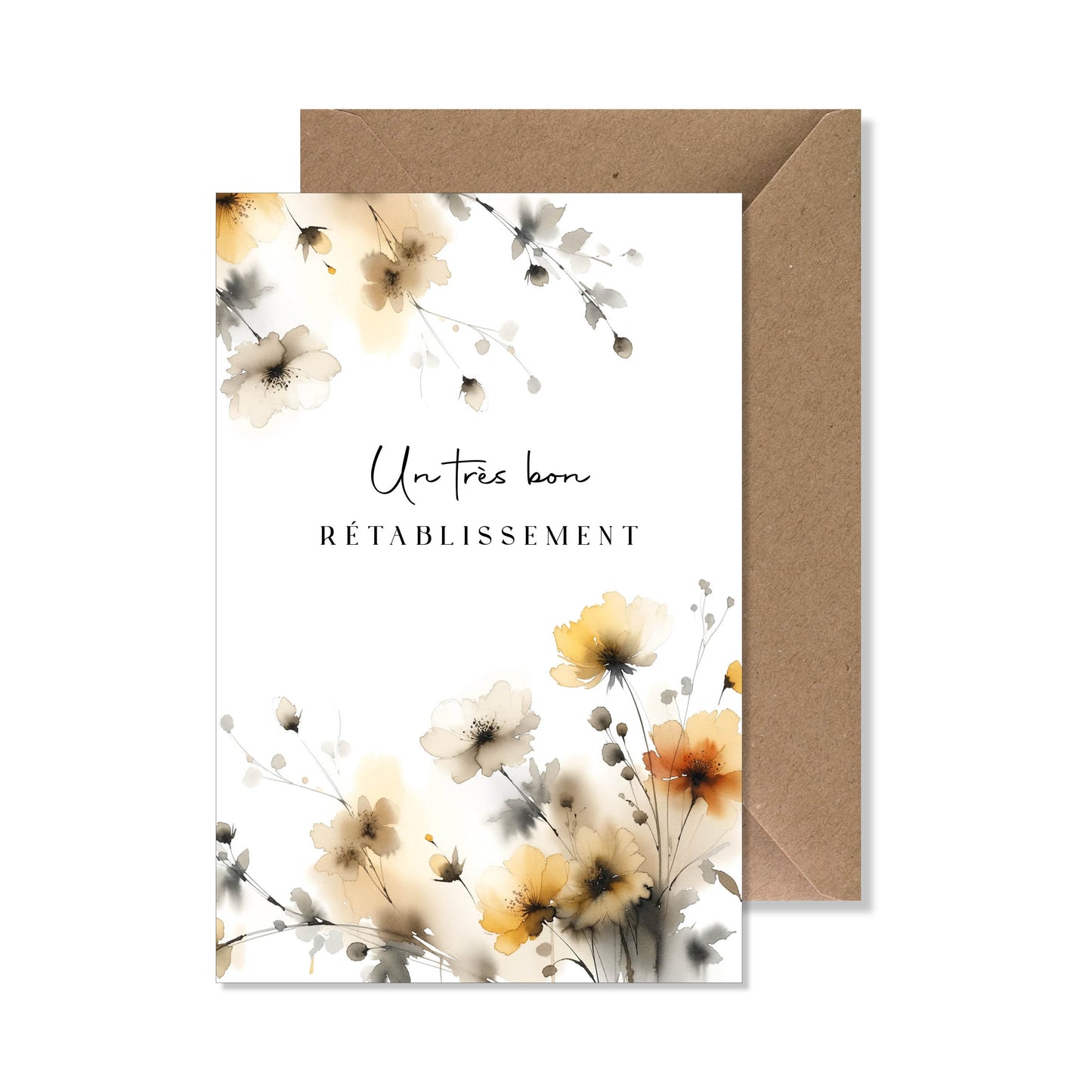 Carte de vœux A6 "un très bon rétablissement" aquarelle fleurs jaune orange noir