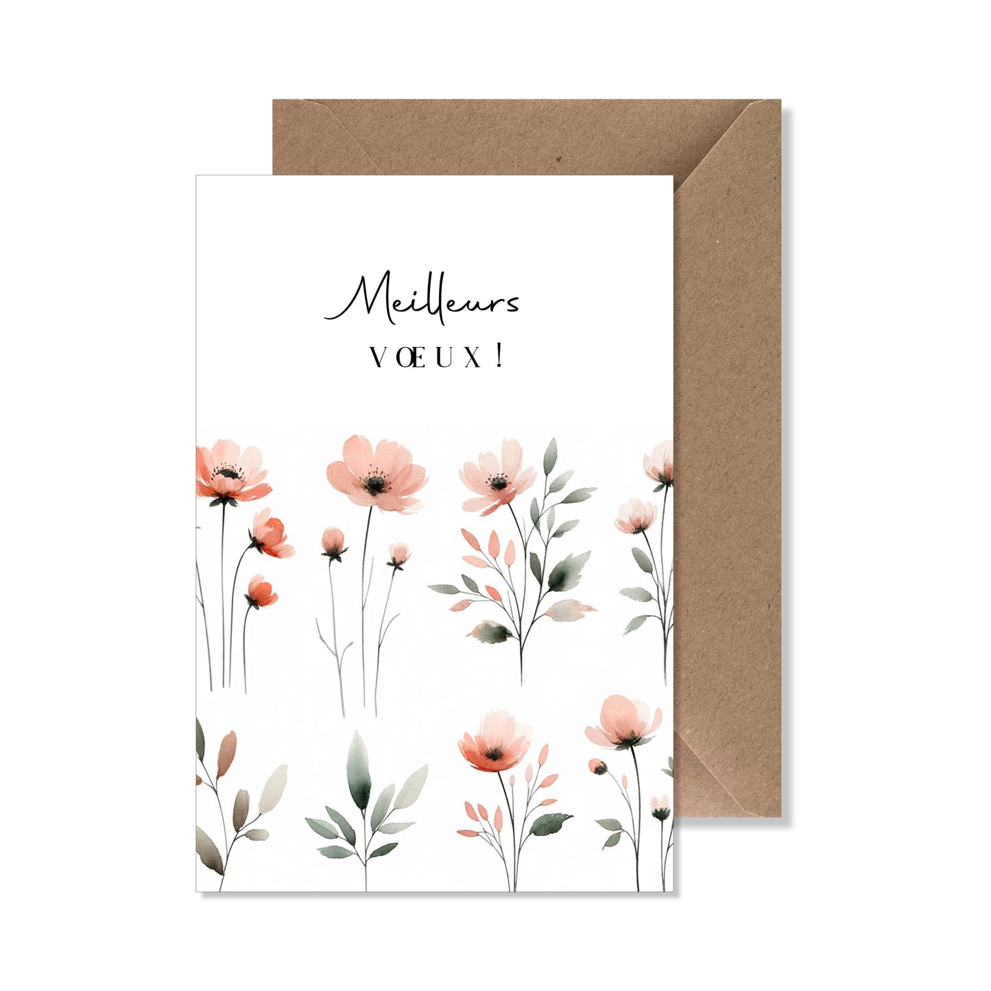 Carte de vœux A6 "meilleurs vœux" aquarelle fleurs rose vert