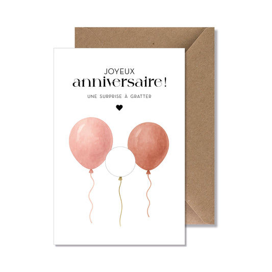 Kit carte à gratter "joyeux anniversaire" ballons rose