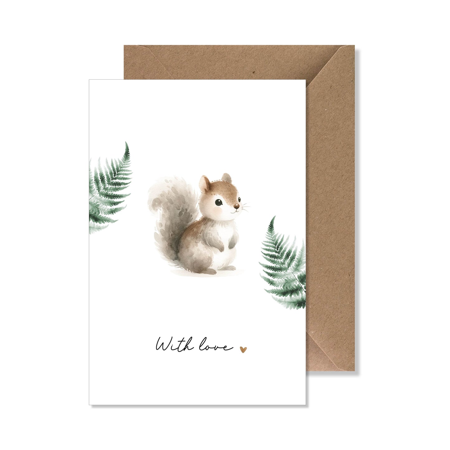 Carte de vœux A6 "with love" aquarelle écureuil fougère