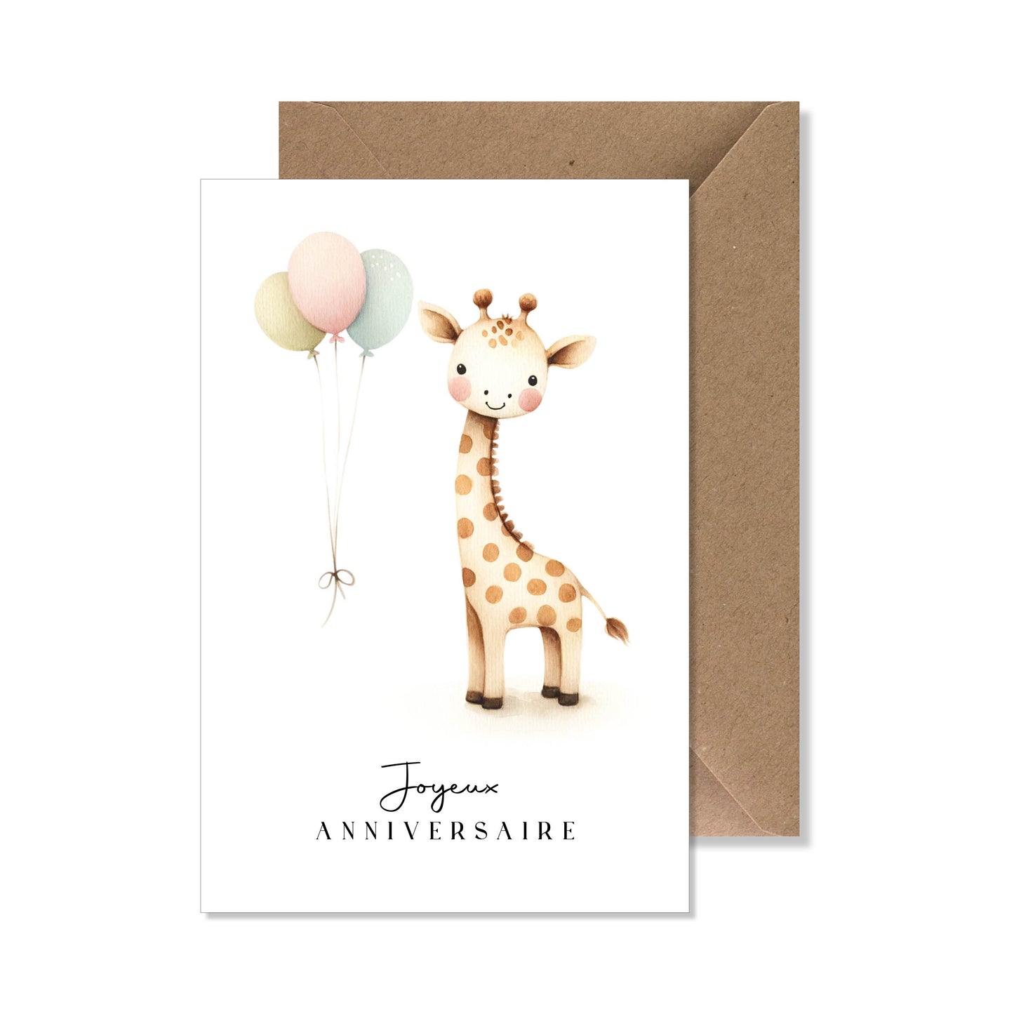 Carte de vœux A6 "joyeux anniversaire" illustration girafe ballons