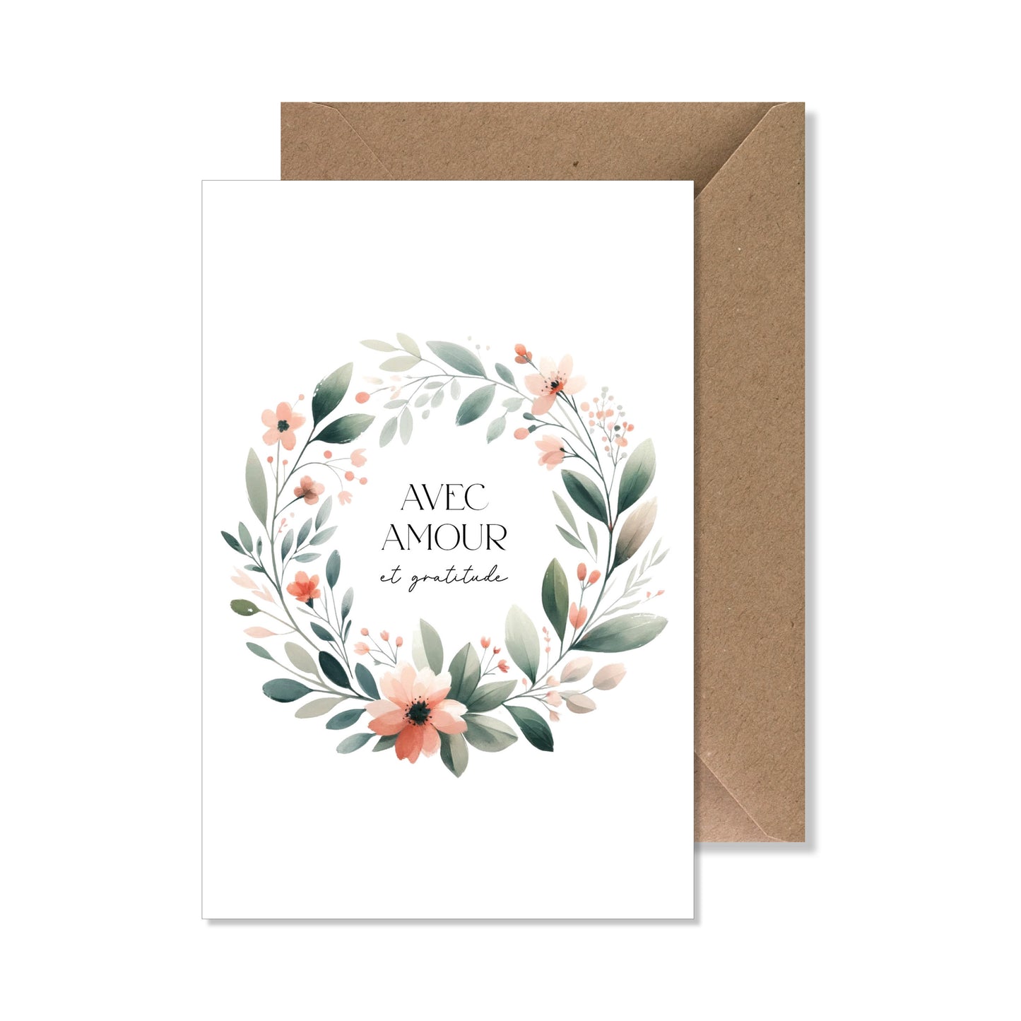 Carte de vœux A6 "avec amour et gratitude" aquarelle fleurs