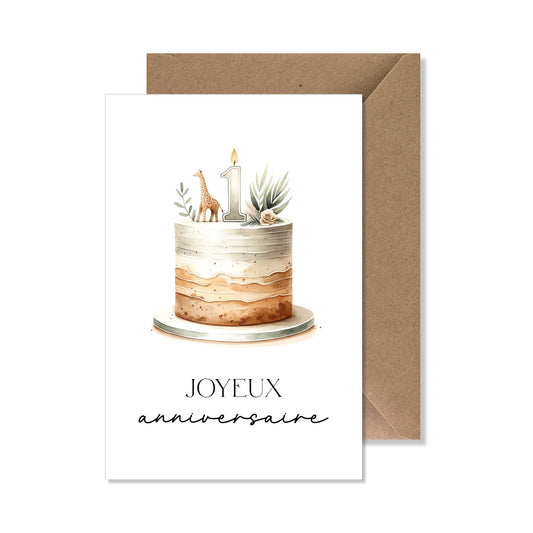 Carte de vœux A6 "joyeux 1er anniversaire" gâteau safari