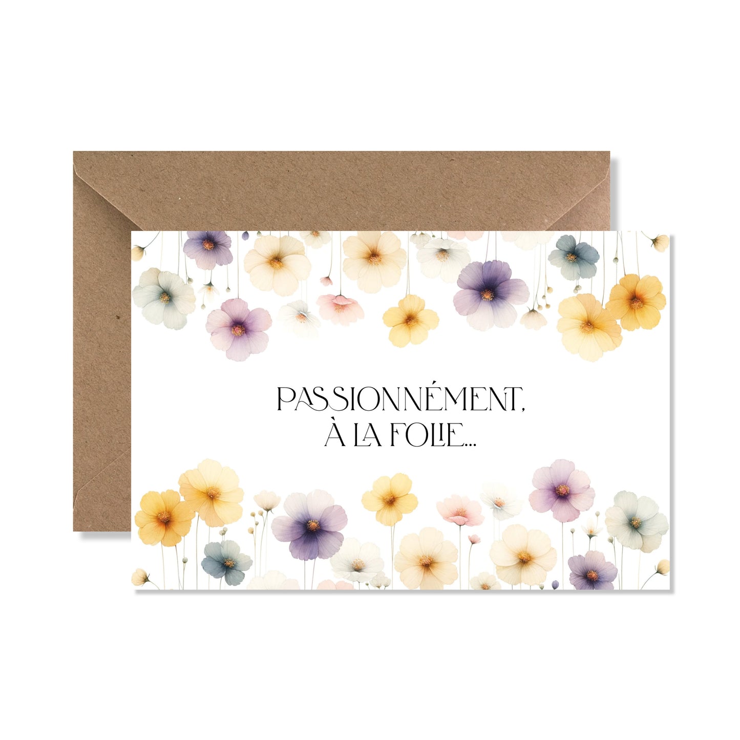 Carte de vœux A6 "passionnément, à la folie" illustration fleurs lilas jaune