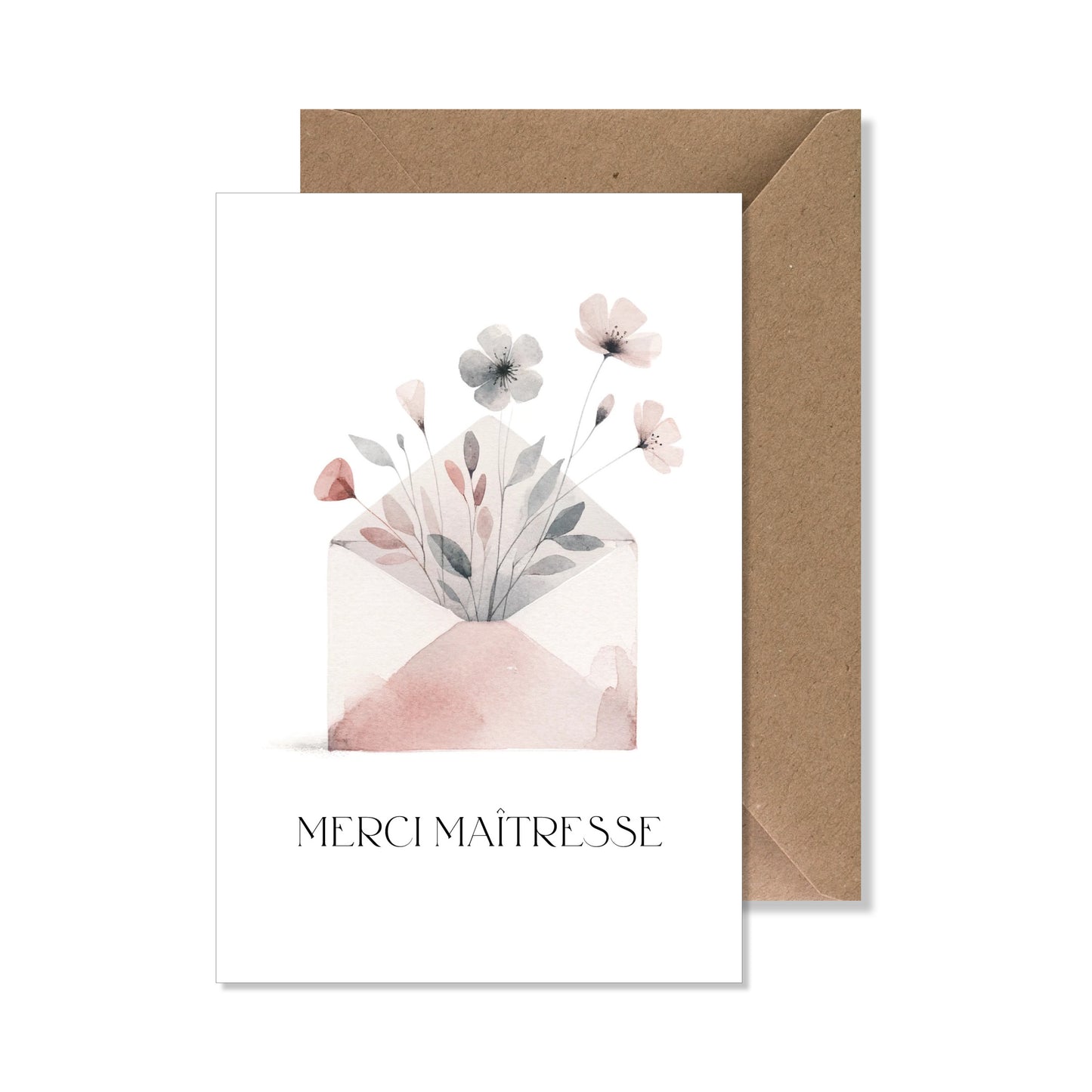Carte de vœux A6 "merci maîtresse" aquarelle enveloppe fleurs rose