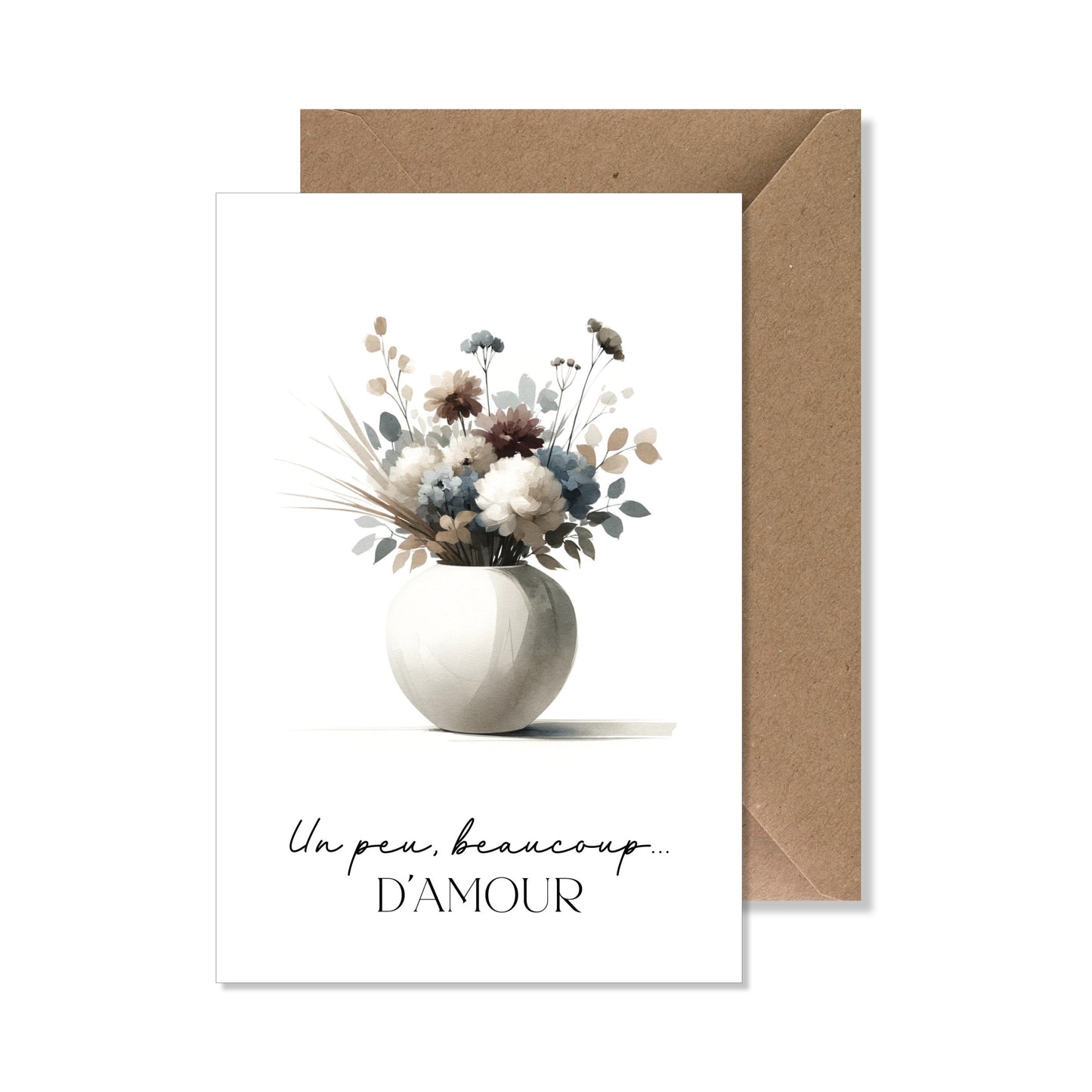 Carte de vœux A6 "un peu, beaucoup d'amour" vase fleuri aquarelle