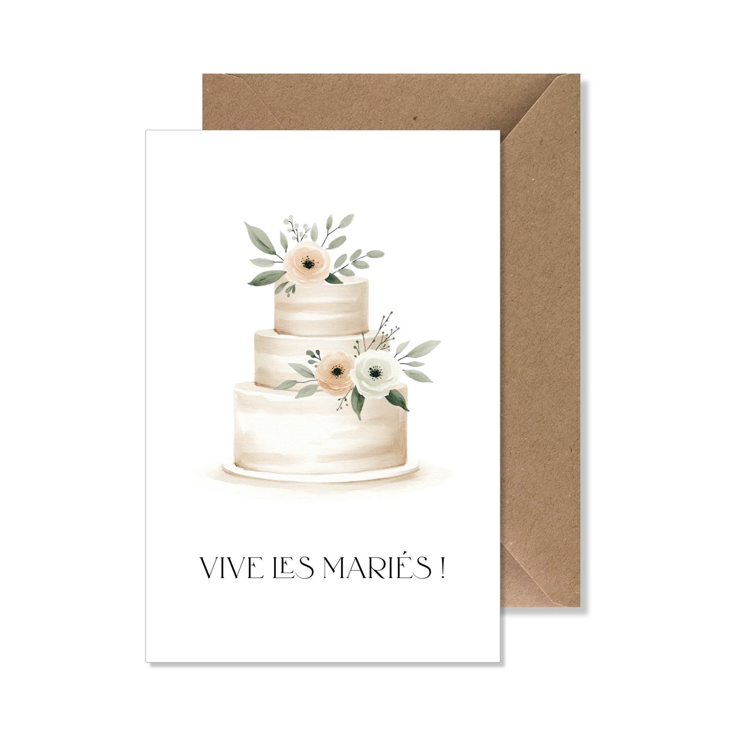 Carte de vœux A6 "vive les mariés" illustration gâteau de mariage.