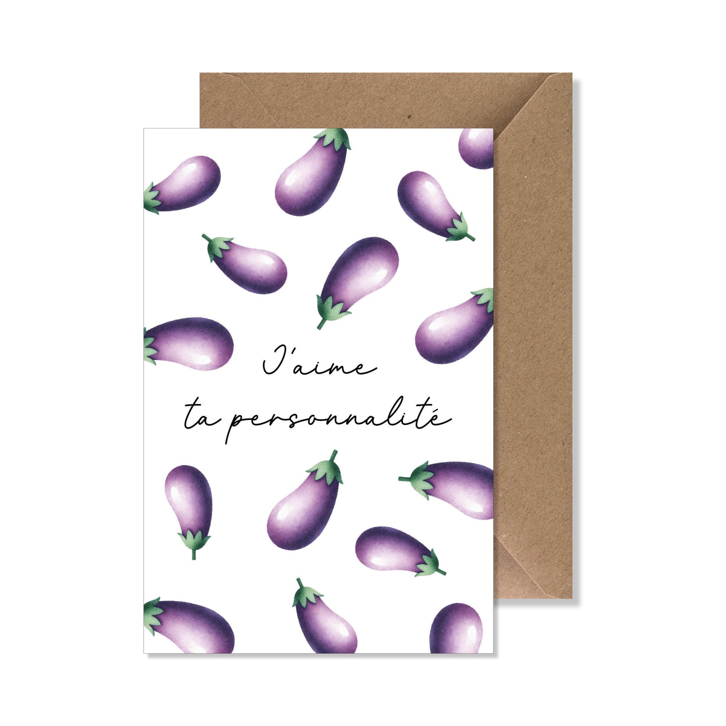 Carte de vœux A6 "j'aime ta personnalité" illustration aubergine.