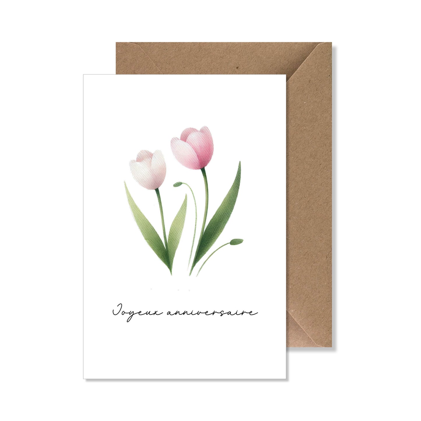 Carte de vœux A6 "joyeux anniversaire" tulipe rose illustration.