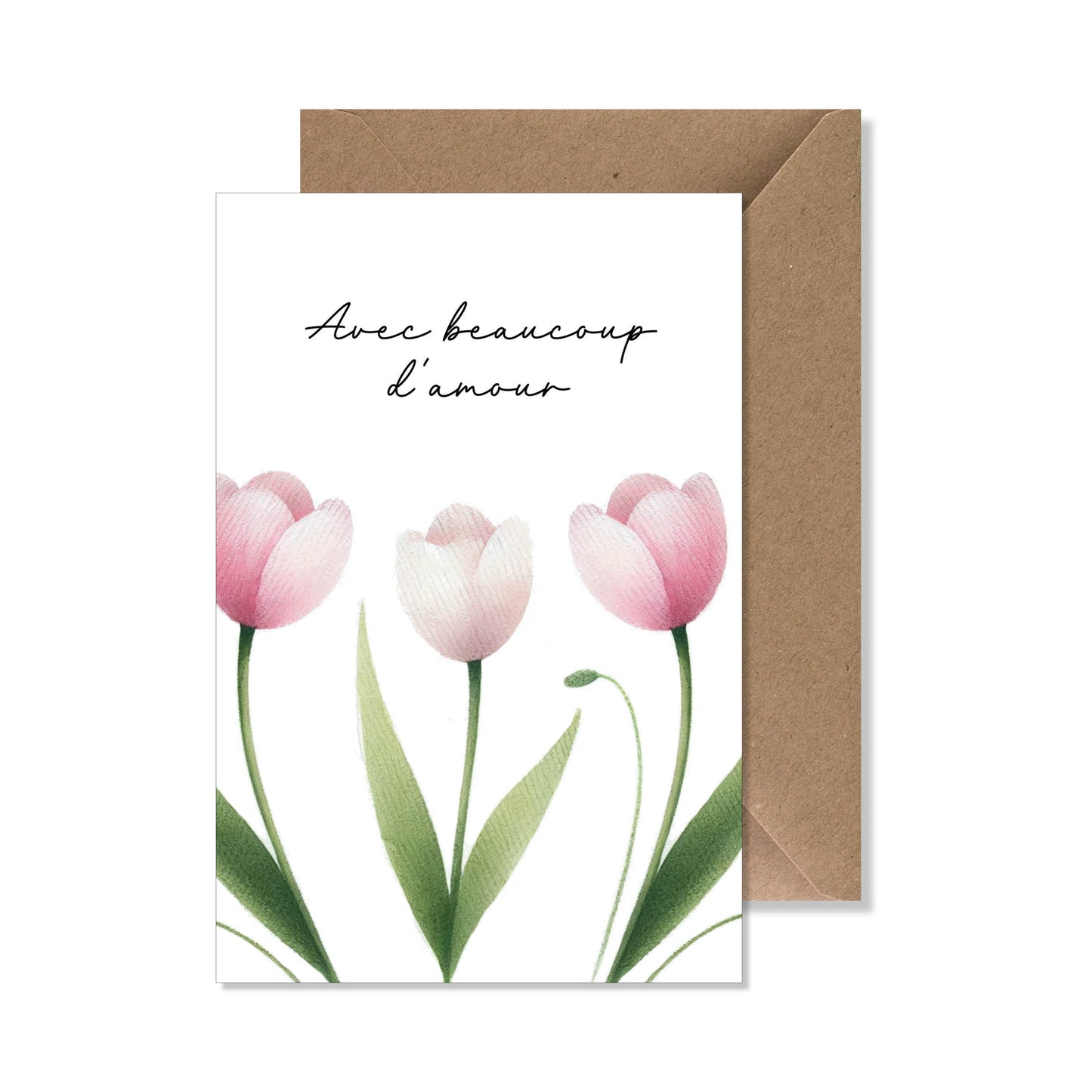 Carte de vœux A6 "avec beaucoup d'amour" tulipe rose.