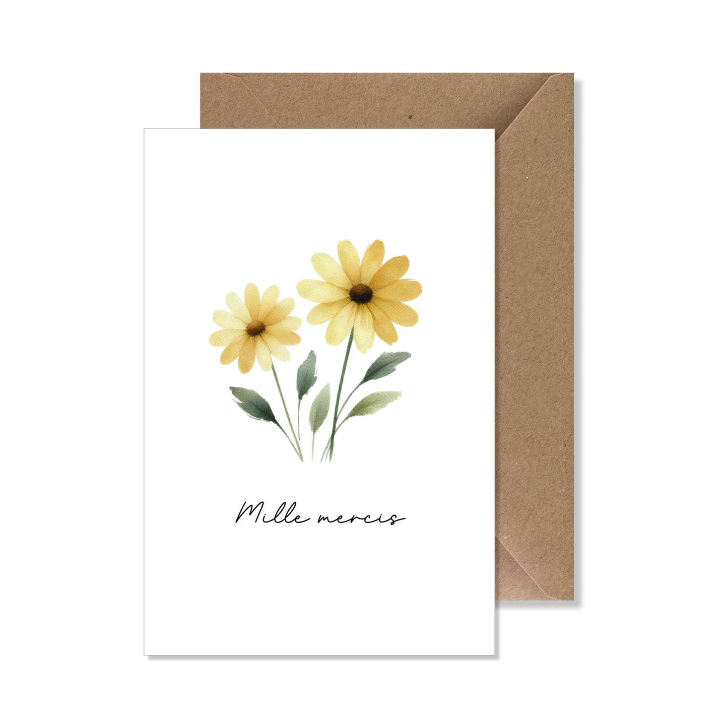 Carte de vœux A6 "mille mercis" fleur jaune.