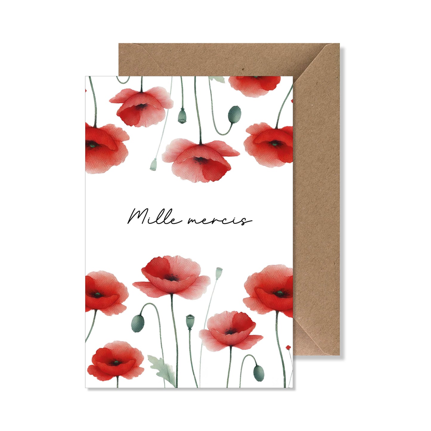 Carte de vœux A6 "mille mercis" coquelicot.