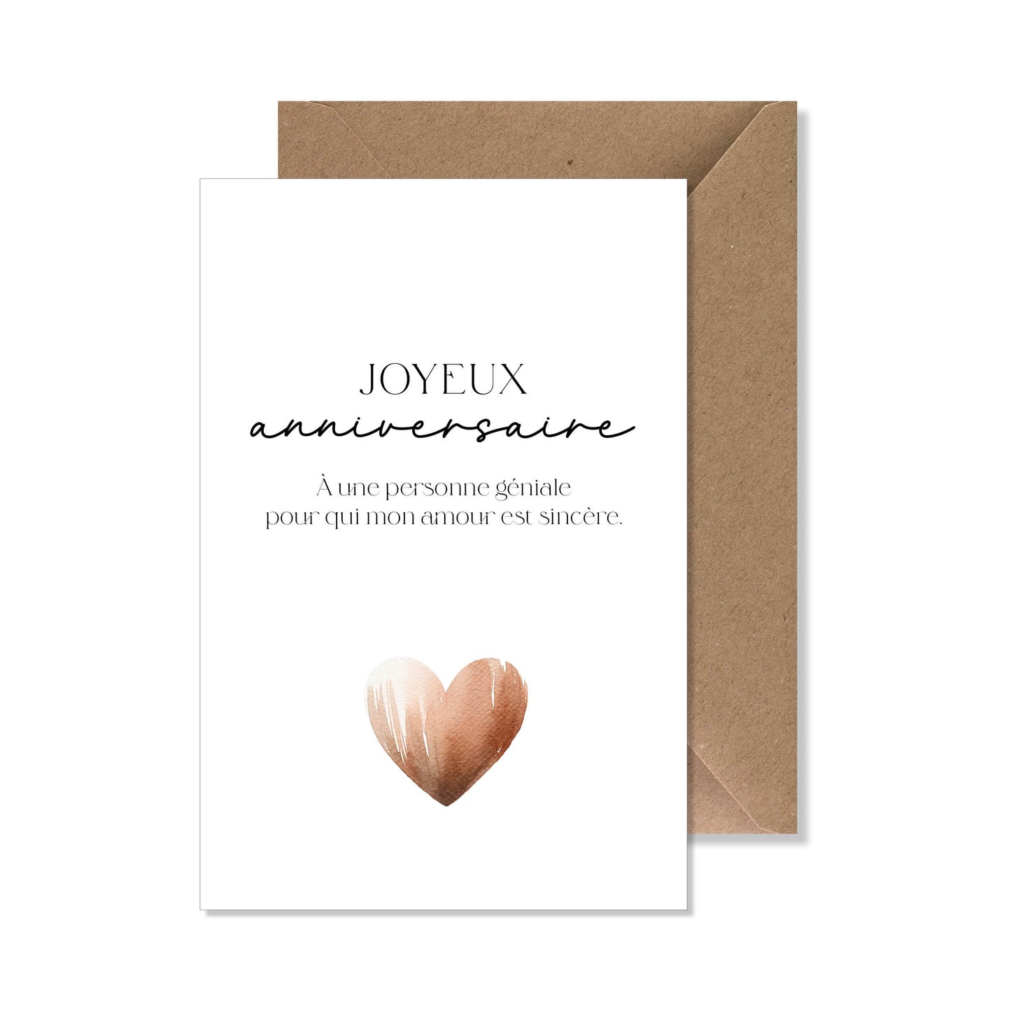Carte de vœux A6 "joyeux anniversaire" illustration cœur brun