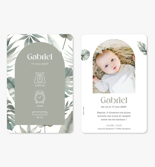 Faire-part de naissance – arche feuilles jungle vert