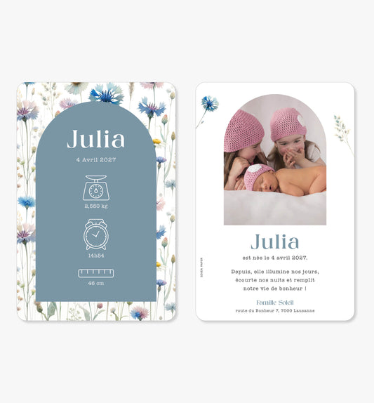 Faire-part de naissance – arche fleurs sauvages bleu lilas vert